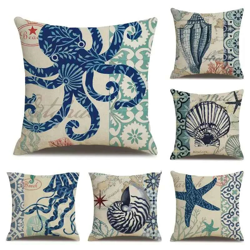 Ocean Theme Cotton Linen Cushion Cover – Coastal Starfish, Shell, Jellyfish, Octopus, Snail & Conch (18×18 in, Cover Only)