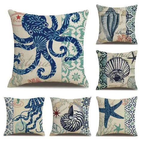 Ocean Theme Cotton Linen Cushion Cover – Coastal Starfish, Shell, Jellyfish, Octopus, Snail & Conch (18×18 in, Cover Only)