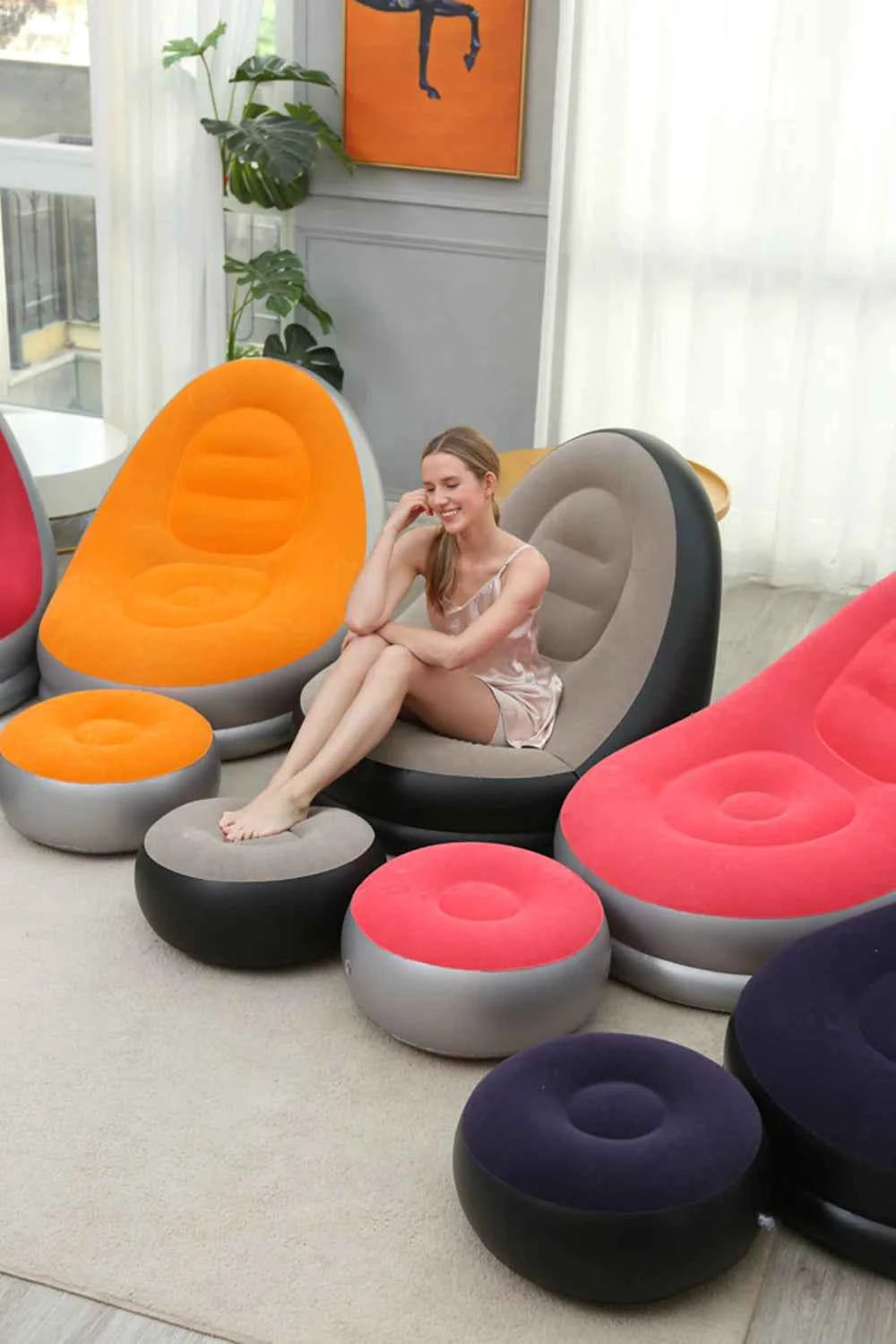 Thick Inflatable Lazy Sofa with Footstool – Comfortable Portable Lounge Chair for Indoor & Outdoor Relaxation | Air Couch with Ottoman